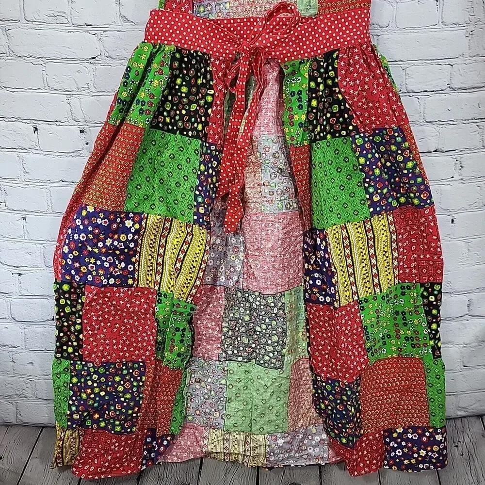 Vintage 70s Patchwork Apron Full Colorblock‎ Housedress Prairie Cottagecore Flaw